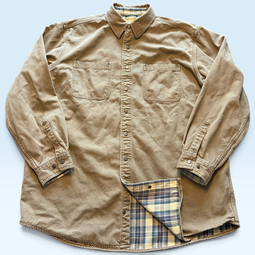 L.L. Bean Jacket Mens XLT Brown Canvas Snap Shirt Flannel Lined Outdoor Workwear